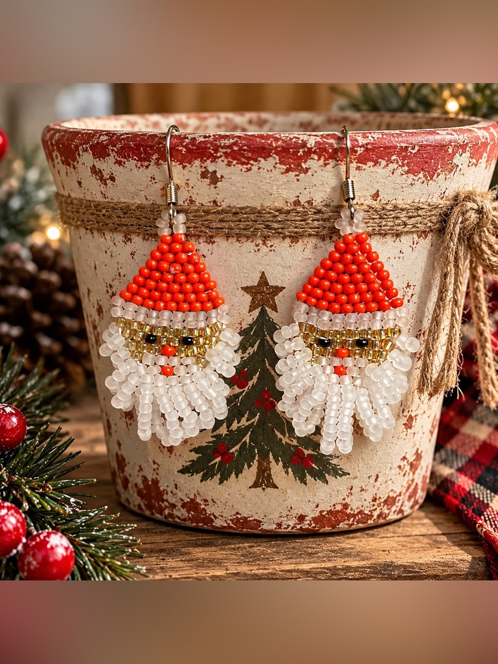Handcrafted Beaded Santa Claus Dangle Hook Earrings, Glass, Hypoallergenic Hooks